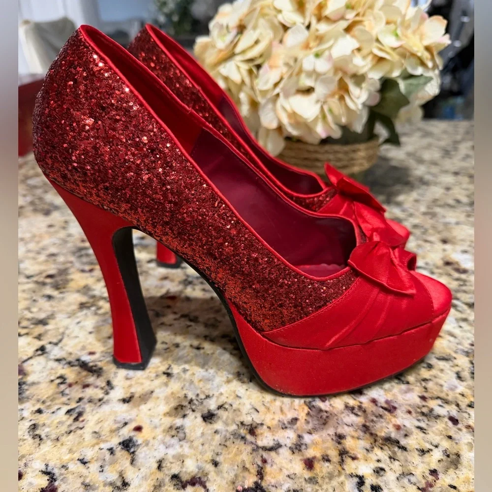 Bordello Pleaser Red Glitter Bow Platform Pumps Dorothy Wizard of Oz Size 8